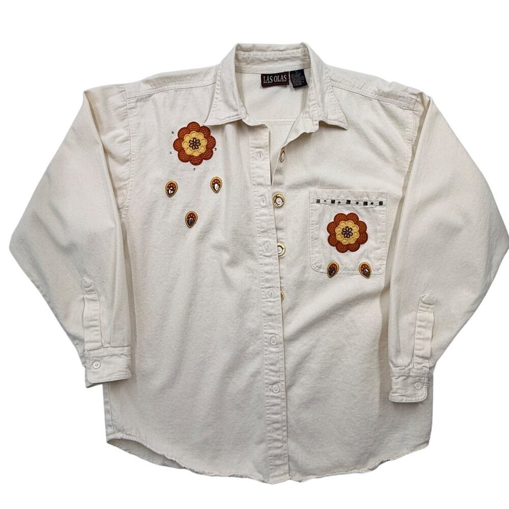 Las Olas Western Fall Floral Rhinestone‎ Applique Shirt Cream Cowgirl Womens L